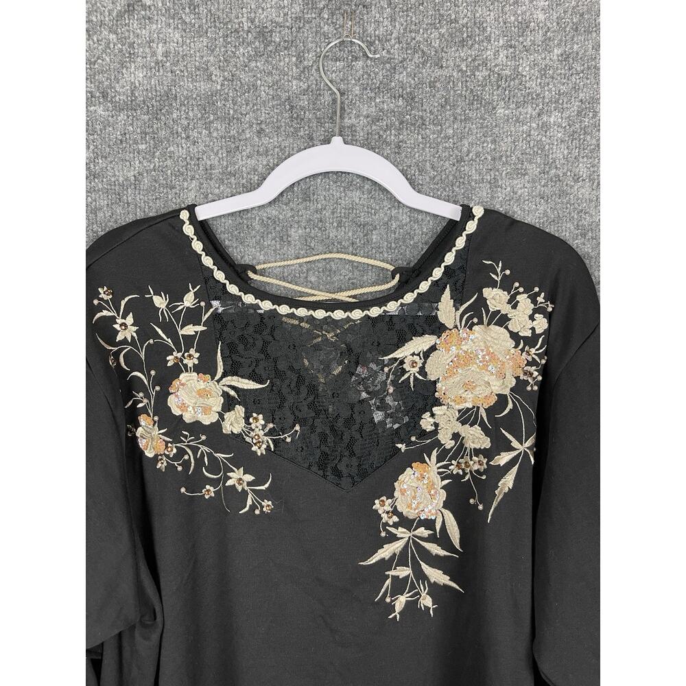 Vintage Lacy After Noon Top 2X Black Lace Embroidered Flowers Gold Pull-over - Picture 3 of 11